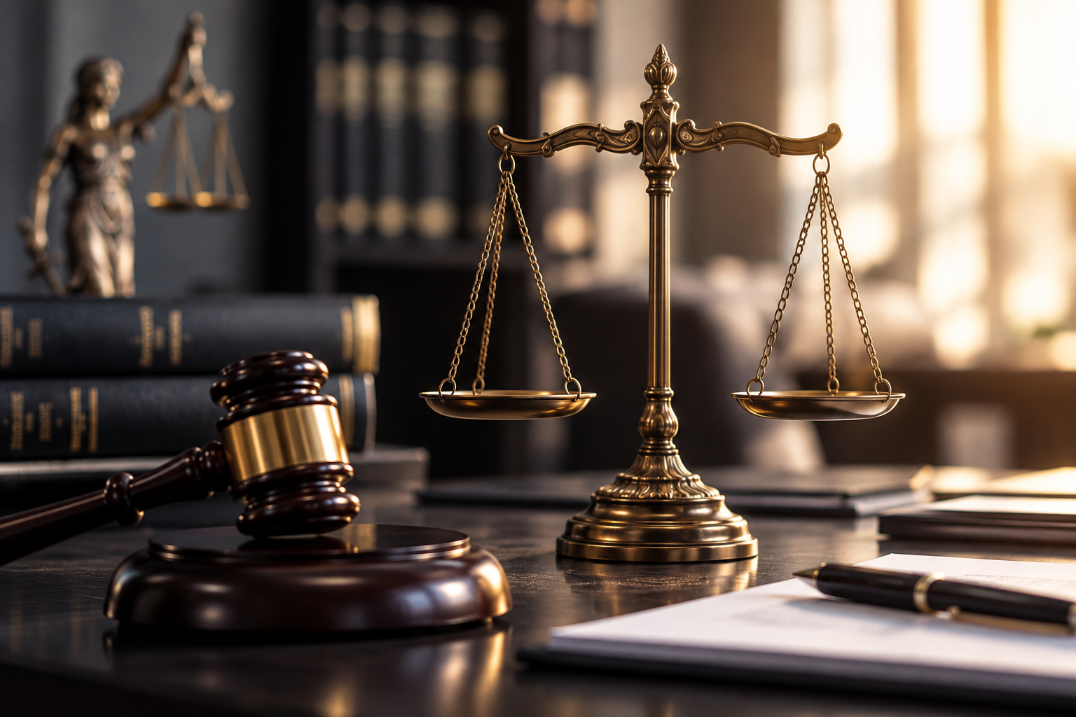 Scales of Justice on a Warm Legal Desk Strafbefehl und Gerichtsverfahren